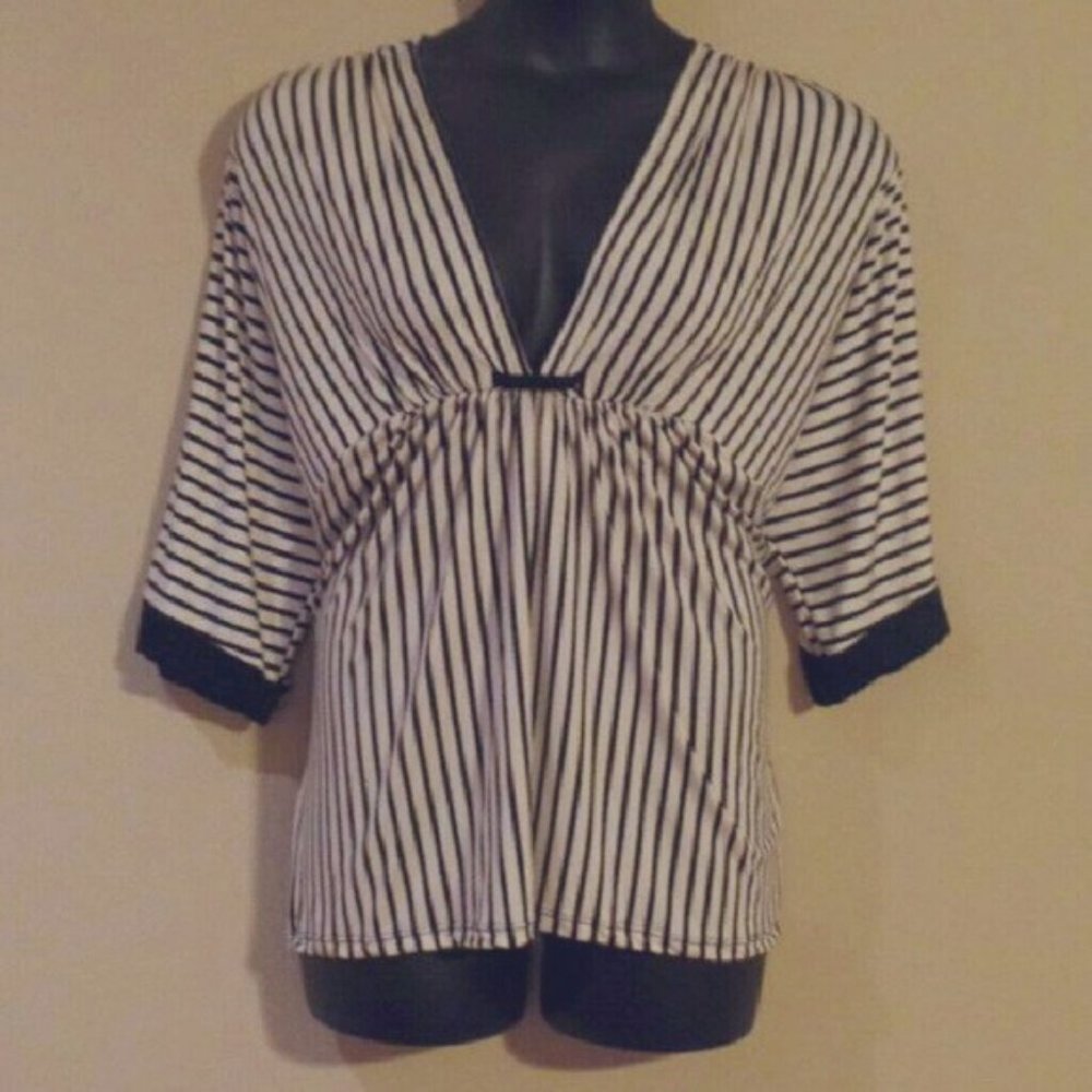 2X 24/7 Black & White Striped Empire Waist Top